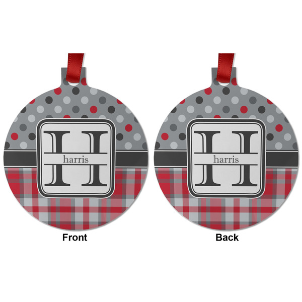 Red & Gray Dots and Plaid Metal Ball Ornament - Front and Back