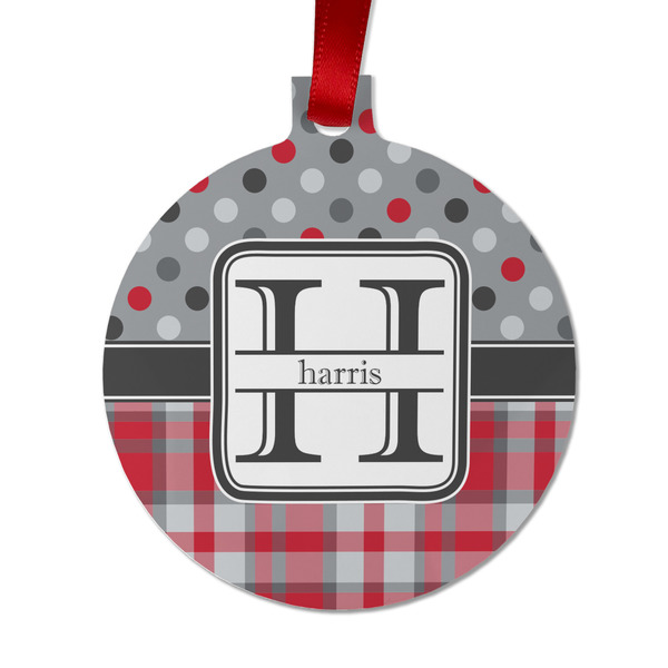 Custom Red & Gray Dots and Plaid Metal Ball Ornament - Double Sided w/ Name and Initial
