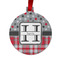 Red & Gray Dots and Plaid Metal Ball Ornament - Double Sided w/ Name and Initial