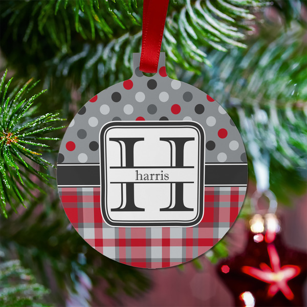 Red & Gray Dots and Plaid Metal Ball Ornament - Lifestyle