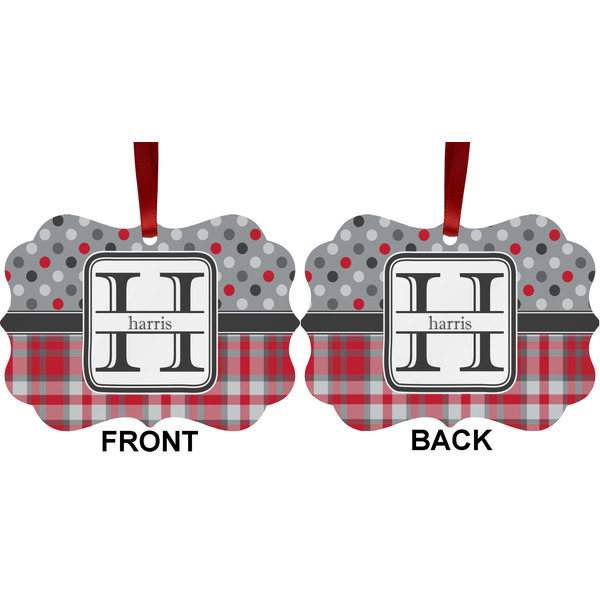 Red & Gray Dots and Plaid Metal Benilux Ornament - Front and Back (APPROVAL)