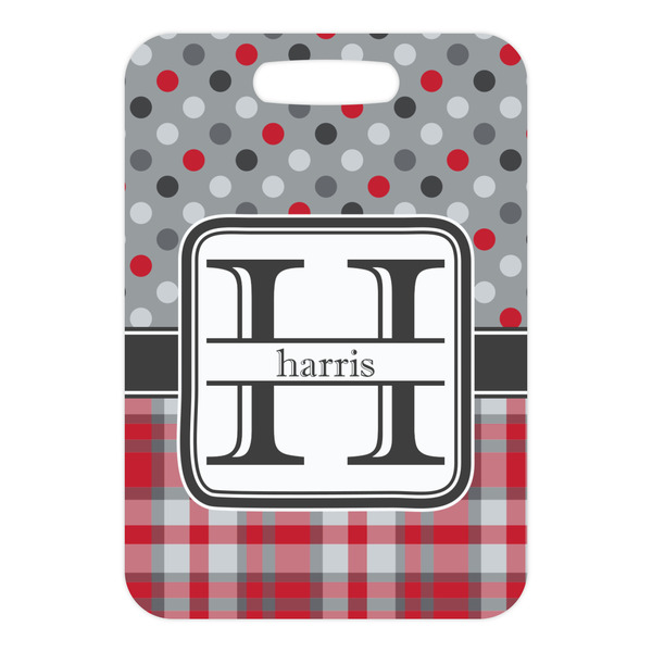 Red & Gray Dots and Plaid Metal Luggage Tag - Front Without Strap