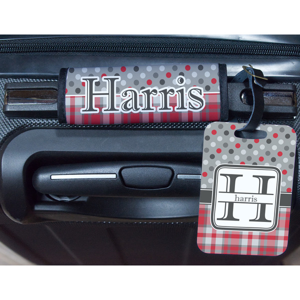 Red & Gray Dots and Plaid Metal Luggage Tag & Handle Wrap - In Context