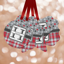 Red & Gray Dots and Plaid Metal Ornaments - Double Sided w/ Name and Initial