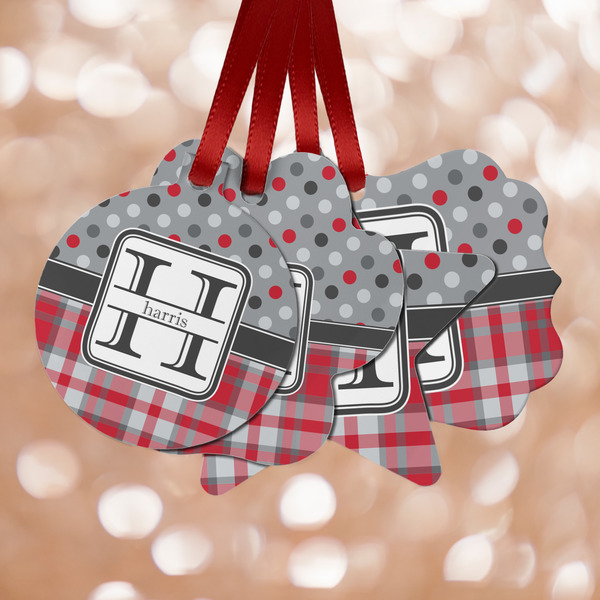 Custom Red & Gray Dots and Plaid Metal Ornaments - Double Sided w/ Name and Initial