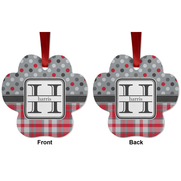 Red & Gray Dots and Plaid Metal Paw Ornament - Front and Back