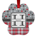 Red & Gray Dots and Plaid Metal Paw Ornament - Double Sided w/ Name and Initial