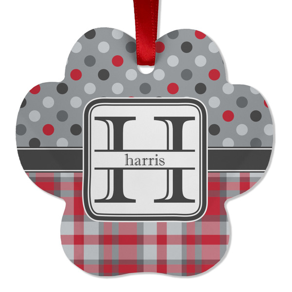 Custom Red & Gray Dots and Plaid Metal Paw Ornament - Double Sided w/ Name and Initial