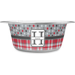 Red & Gray Dots and Plaid Stainless Steel Dog Bowl - Large (Personalized)