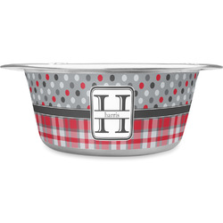Red & Gray Dots and Plaid Stainless Steel Dog Bowl - Small (Personalized)