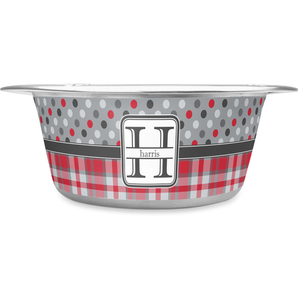 Custom Red & Gray Dots and Plaid Stainless Steel Dog Bowl - Medium (Personalized)