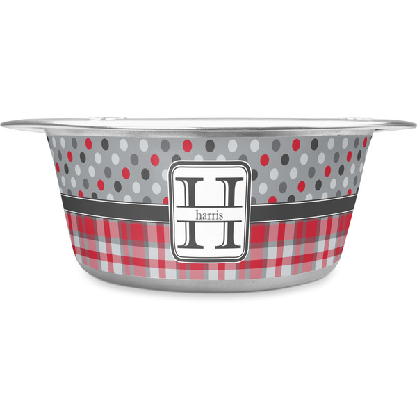 Custom Red & Gray Dots and Plaid Stainless Steel Dog Bowl - Large (Personalized)