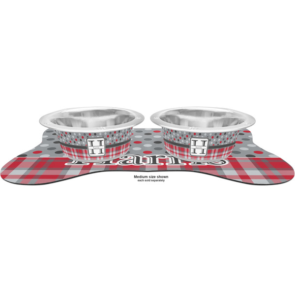 Red & Gray Dots and Plaid Metal Pet Bowls - On Dog Bone Shaped Mat