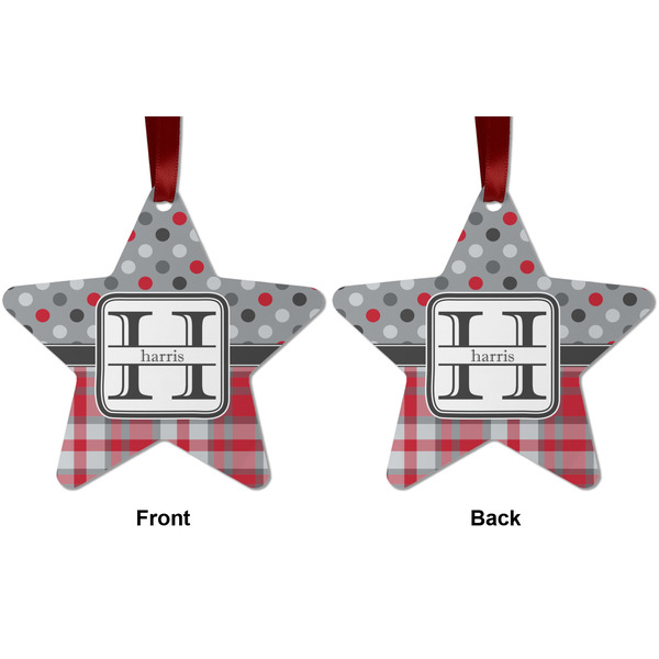 Red & Gray Dots and Plaid Metal Star Ornament - Front and Back
