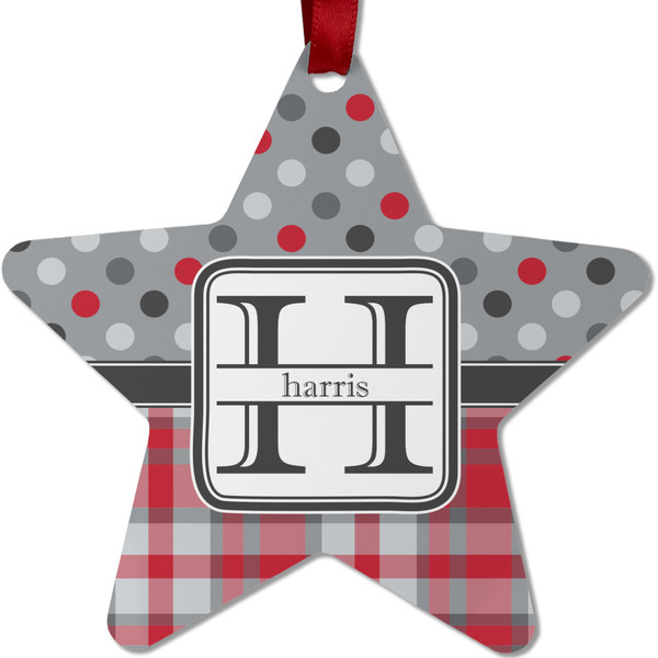 Custom Red & Gray Dots and Plaid Metal Star Ornament - Double Sided w/ Name and Initial