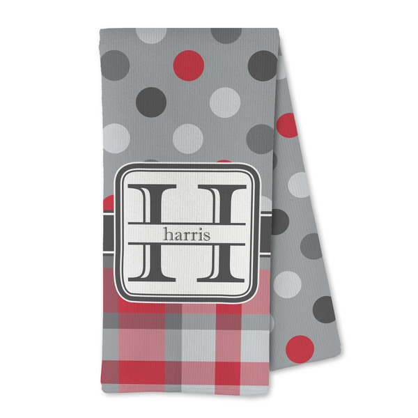 Custom Red & Gray Dots and Plaid Kitchen Towel - Microfiber (Personalized)