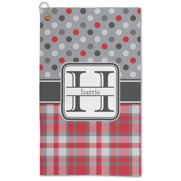Custom Red & Gray Dots and Plaid Microfiber Golf Towel - Large (Personalized)