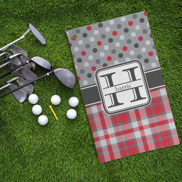 Red & Gray Dots and Plaid Microfiber Golf Towels - LIFESTYLE