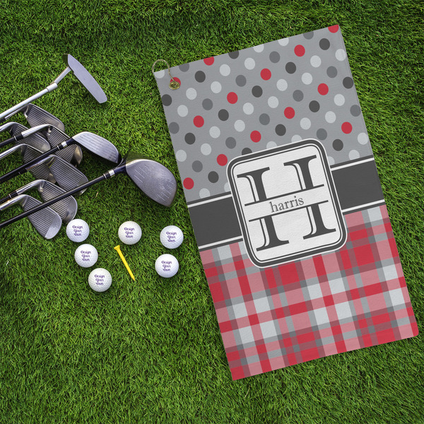 Red & Gray Dots and Plaid Microfiber Golf Towels - LIFESTYLE