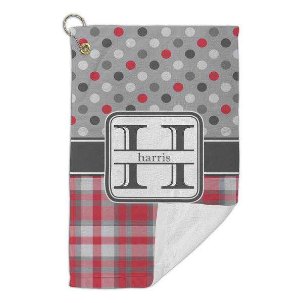 Red & Gray Dots and Plaid Microfiber Golf Towels Small - FRONT FOLDED