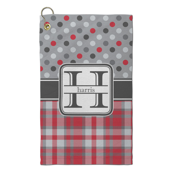 Custom Red & Gray Dots and Plaid Microfiber Golf Towel - Small (Personalized)
