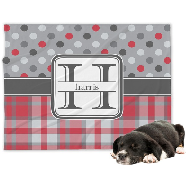 Custom Red & Gray Dots and Plaid Dog Blanket - Large (Personalized)