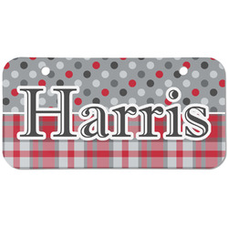 Red & Gray Dots and Plaid Mini/Bicycle License Plate (2 Holes) (Personalized)