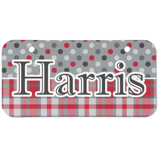 Red & Gray Dots and Plaid Mini Bicycle License Plate - Two Holes