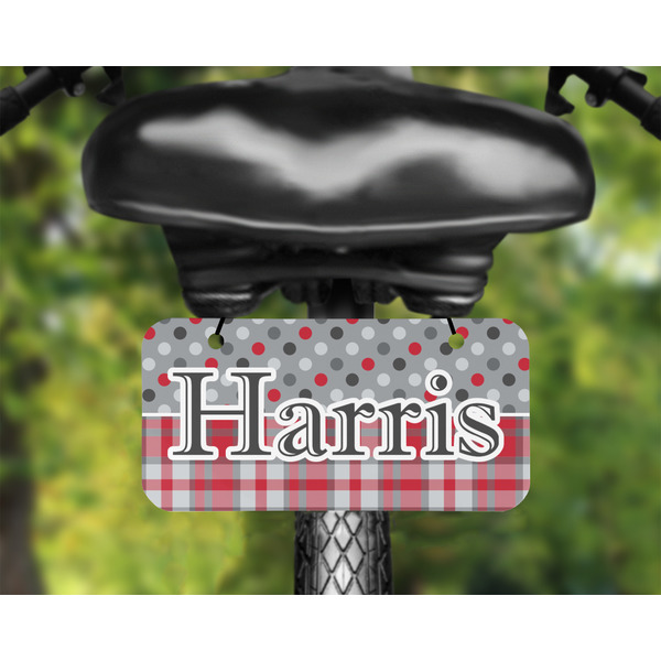 Red & Gray Dots and Plaid Mini License Plate on Bicycle - LIFESTYLE Two holes