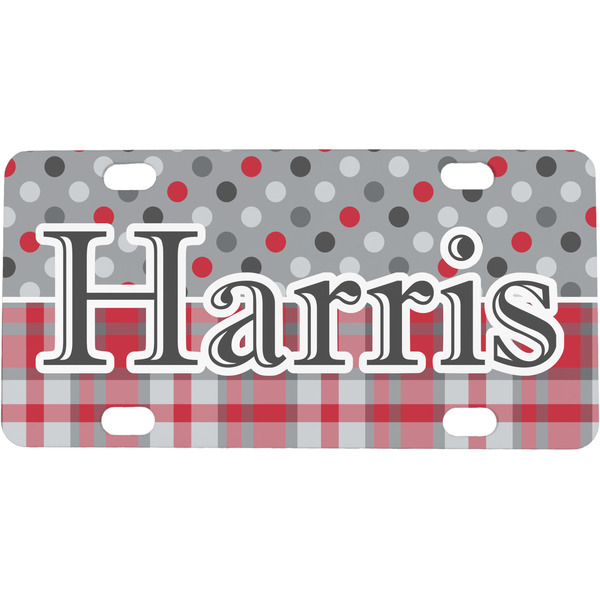 Custom Red & Gray Dots and Plaid Mini / Bicycle License Plate (4 Holes) (Personalized)