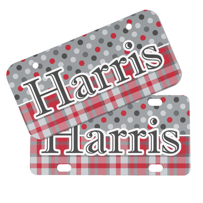 Red & Gray Dots and Plaid Mini/Bicycle License Plate (Personalized)