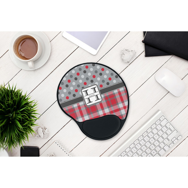 Red & Gray Dots and Plaid Mouse Pad with Wrist Rest - LIFESYTLE 1
