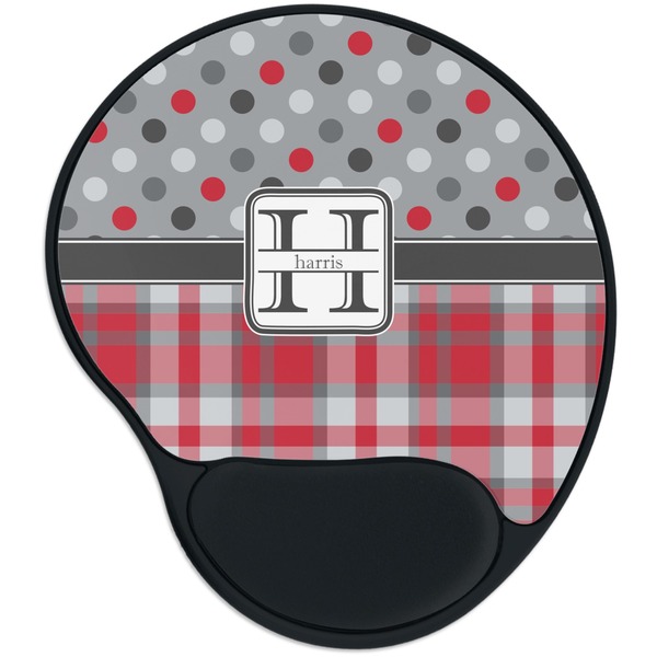 Custom Red & Gray Dots and Plaid Mouse Pad with Wrist Support