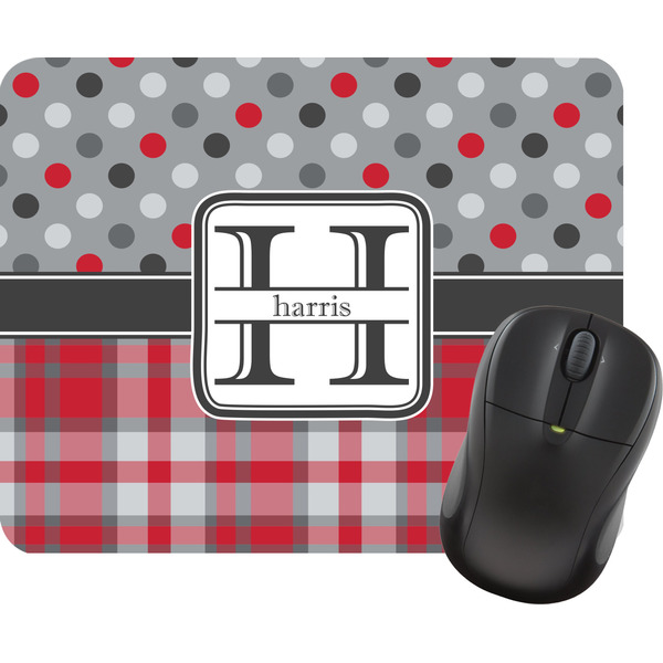 Custom Red & Gray Dots and Plaid Rectangular Mouse Pad (Personalized)