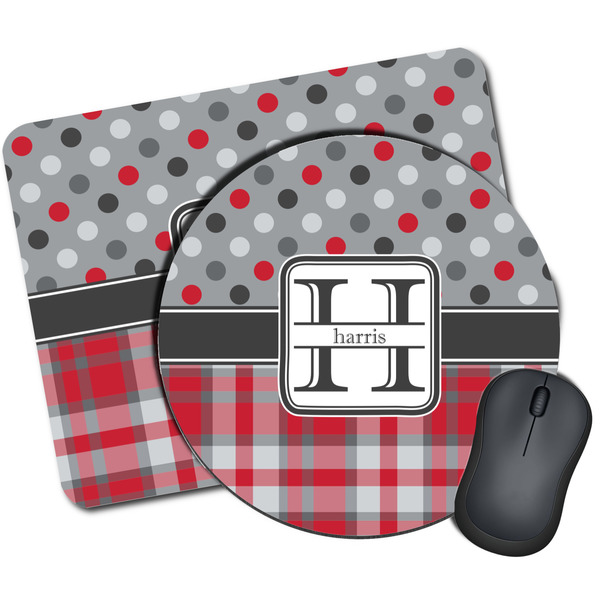 Custom Red & Gray Dots and Plaid Mouse Pad (Personalized)