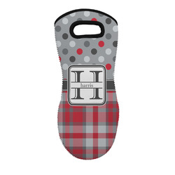 Red & Gray Dots and Plaid Neoprene Oven Mitt - Single w/ Name and Initial