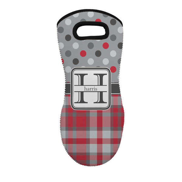 Custom Red & Gray Dots and Plaid Neoprene Oven Mitt w/ Name and Initial