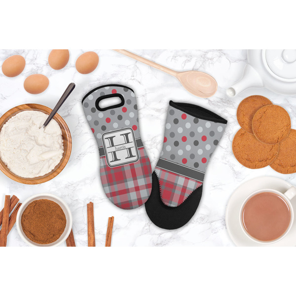 Red & Gray Dots and Plaid Neoprene Oven Mitt - Lifestyle Image