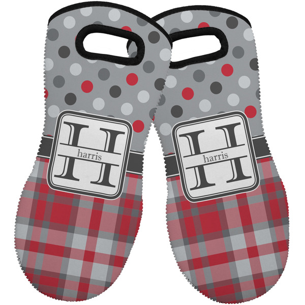 Custom Red & Gray Dots and Plaid Neoprene Oven Mitts - Set of 2 w/ Name and Initial