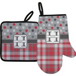 Red & Gray Dots and Plaid Oven Mitt & Pot Holder Set w/ Name and Initial
