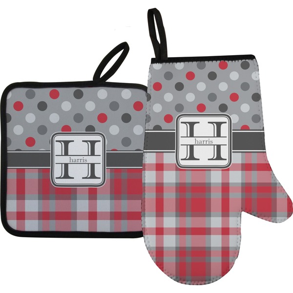 Custom Red & Gray Dots and Plaid Right Oven Mitt & Pot Holder Set w/ Name and Initial