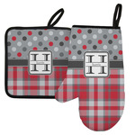 Red & Gray Dots and Plaid Left Oven Mitt & Pot Holder Set w/ Name and Initial