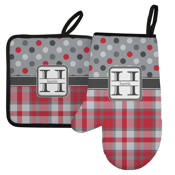 Custom Red & Gray Dots and Plaid Left Oven Mitt & Pot Holder Set w/ Name and Initial