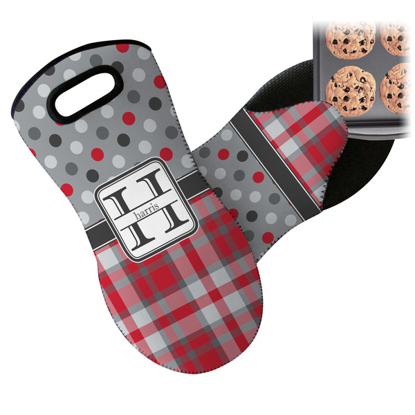 Red & Gray Dots and Plaid Neoprene Oven Mitt