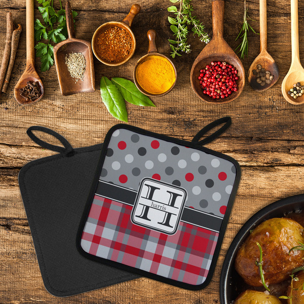 Red & Gray Dots and Plaid Neoprene Pot Holder - Set of 2  LIFESTYLE (Flatlay)