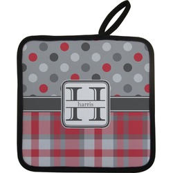 Red & Gray Dots and Plaid Pot Holder w/ Name and Initial
