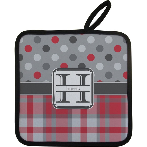 Custom Red & Gray Dots and Plaid Pot Holder w/ Name and Initial