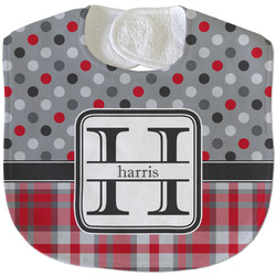 Red & Gray Dots and Plaid Velour Baby Bib w/ Name and Initial