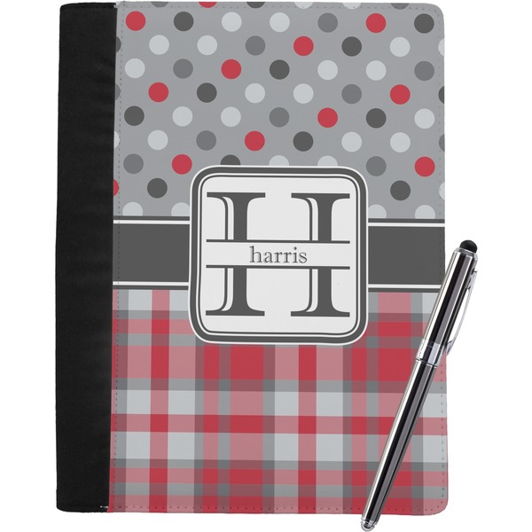 Custom Red & Gray Dots and Plaid Notebook Padfolio - Large w/ Name and Initial