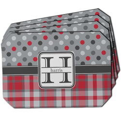 Red & Gray Dots and Plaid Dining Table Mat - Octagon w/ Name and Initial
